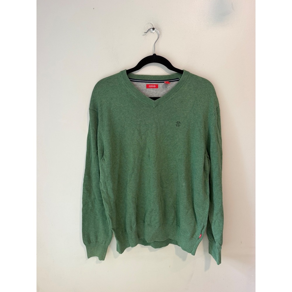 IZOD Mens V-Neck Sweater Green Heathered Knit Pullover Size Large